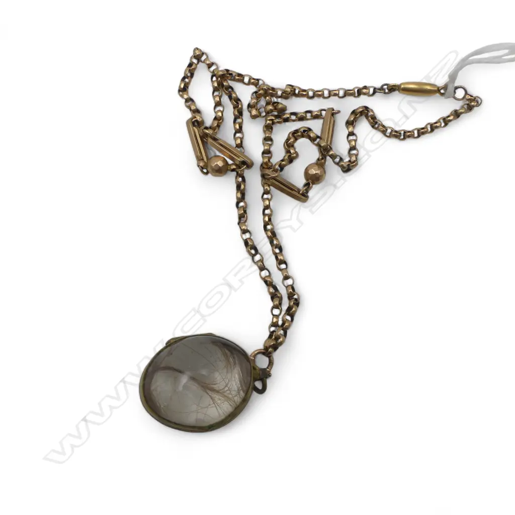 VICTORIAN ROLLED GOLD AND QUARTZ MOURNING LOCKET WITH 9CT ROSE GOLD BELCHER CHAIN 5.6gms  Image 1++