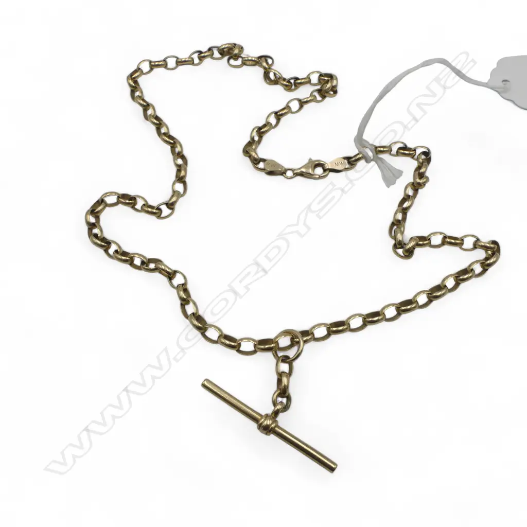 9ct GOLD belcher link FOB CHAIN w T-BAR, 20.10gm Image 1++