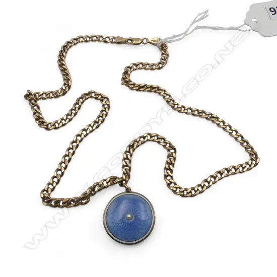 9ct CHAIN (9.25gm) w GUILLOCHE ENAMEL & PEARL DISC PENDANT