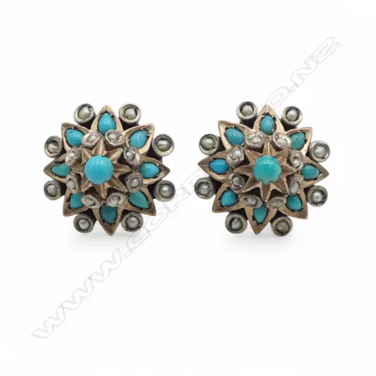 Pair silver turquoise and pearl large stud earrings
