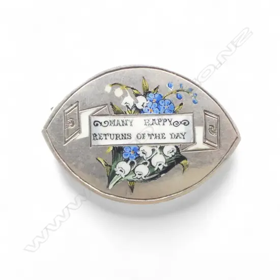 inlaid enamel Victorian brooch 'MANY HAPPY RETURNS OF THE DAY'