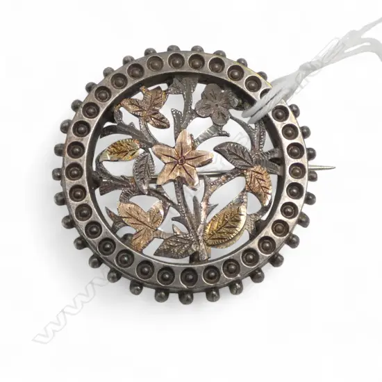 VICTORIAN ROUND SILVER & GOLD BROOCH floral pierced center bead edge