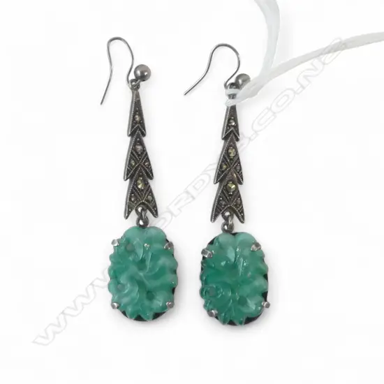 Vintage SILVER ART DECO JADE type GLASS & marcasite DROP EARRINGS