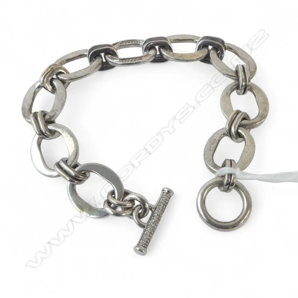 SILVER CHAIN LINK BRACELET w T-BAR CLOSURE & PAVE SET DIAMOND LINK, 38.45gm Image 1++