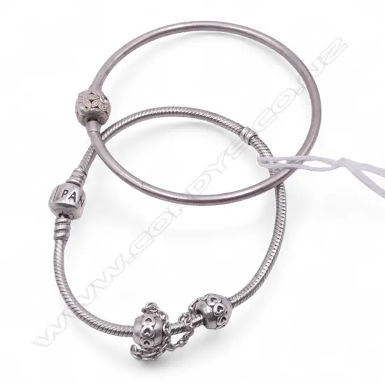 STG SILVER PANDORA BRACELET + ANOTHER SIMILAR STG SILVER BANGLE. 28gms