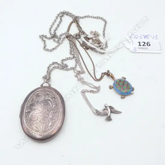 SILVER engraved LOCKET ON PLATED CHAIN + 2 OTHER SILVER PENDANTS (turtle + bird) on SILVER CHAINS