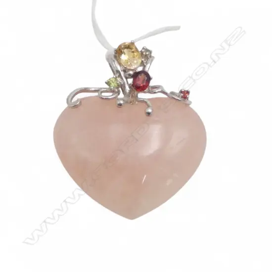 ROSE QUARTZ HEART PENDANT WITH SILVER AND GEMSTONES