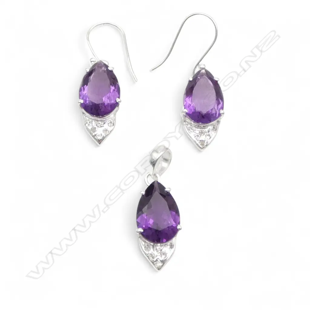 3 PC SET SILVER AMETHYST & WHITE SAPPHIRE EARRINGS & PENDANT 8.04gms Image 1++