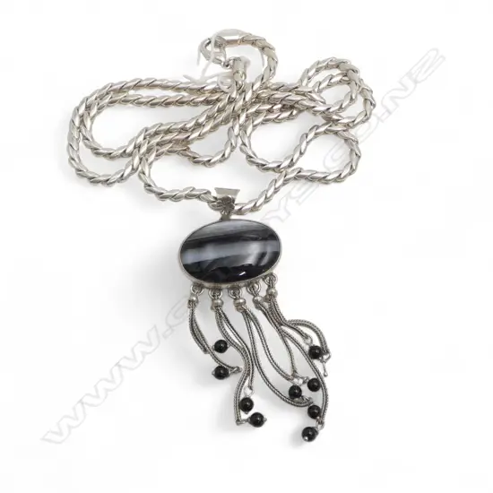 BANDED AGATE TASSEL fringe SILVER NECKLACE ON LONG HEAVY CHAIN L.730mm. 80+ gms