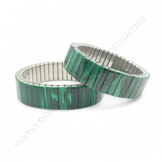 Pair of malachite glass clad on stainless steel stretch bracelets