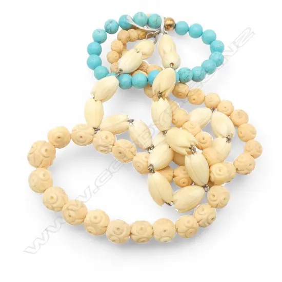 TURQUOISE BEAD BRACELET & 2 CARVED BONE? BEAD NECKLACES