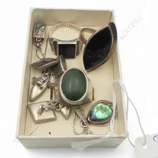 3 STG SILVER RINGS + ABALONE PENDANT NECKLACE, PR CUFFLINKS & PR EARRINGS