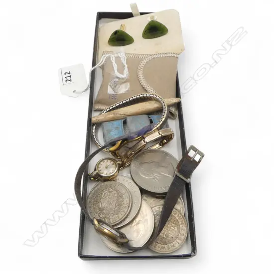 3 VINTAGE WATCHES, RONSON LIGHTER, ASST. COINS Incl. WINSTON CHURCHILL + PR CUFFLINKS etc