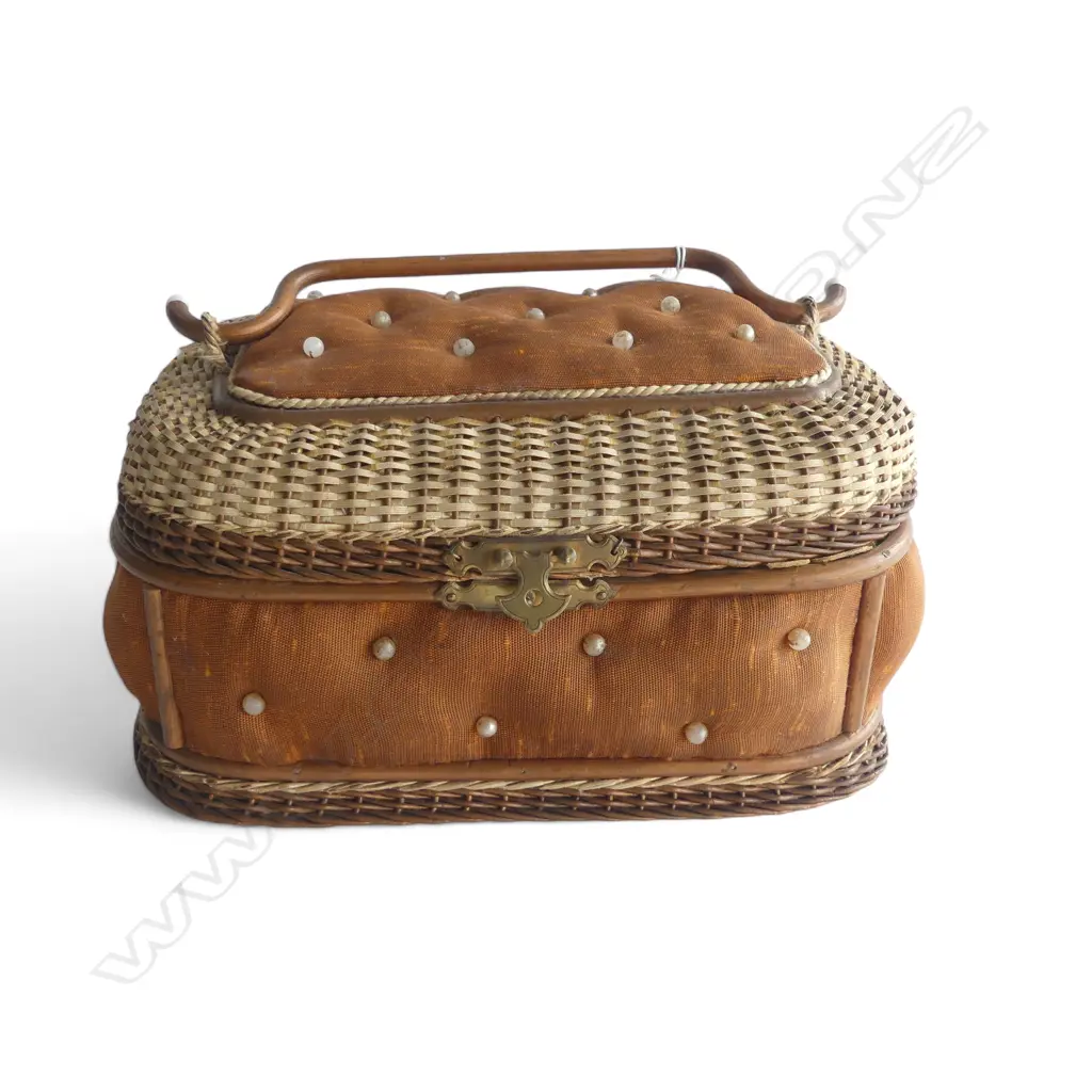 c1900 WICKER CANE & FABRIC COVERED SEWING BASKET with faux pearl buttoning W.250mm Image 1++
