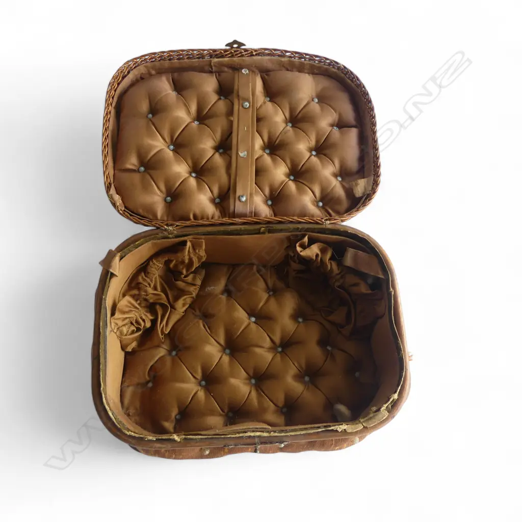 c1900 WICKER CANE & FABRIC COVERED SEWING BASKET with faux pearl buttoning W.250mm Image 1++
