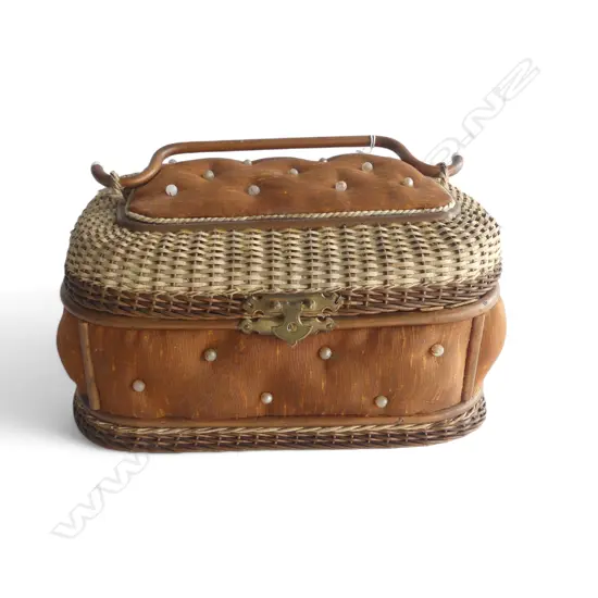 c1900 WICKER CANE & FABRIC COVERED SEWING BASKET with faux pearl buttoning W.250mm
