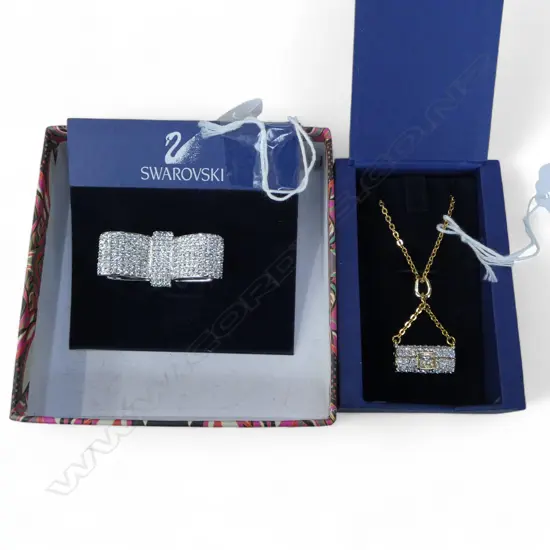 SWAROVSKI CRYSTAL BOW BROOCH & PURSE PENDANT on CHAIN