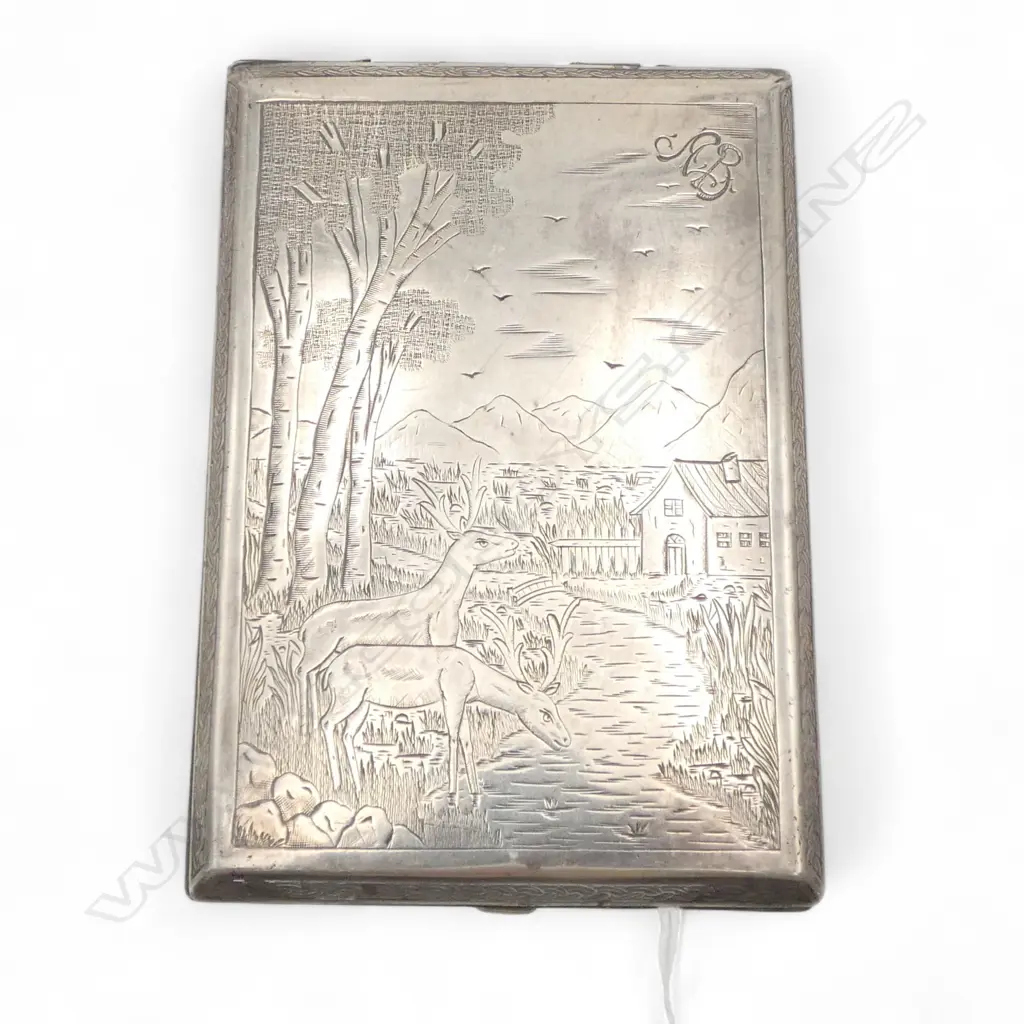 HEAVY SILVER 1938 CIGARETTE CASE engraved deer mountains house & florals 157gms Image 1++