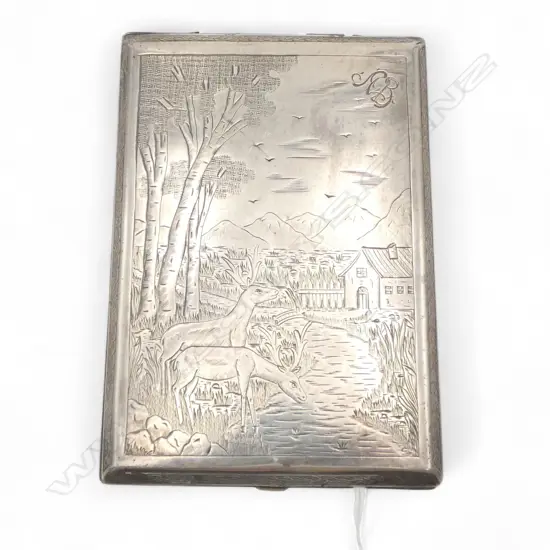 HEAVY SILVER 1938 CIGARETTE CASE engraved deer mountains house & florals 157gms