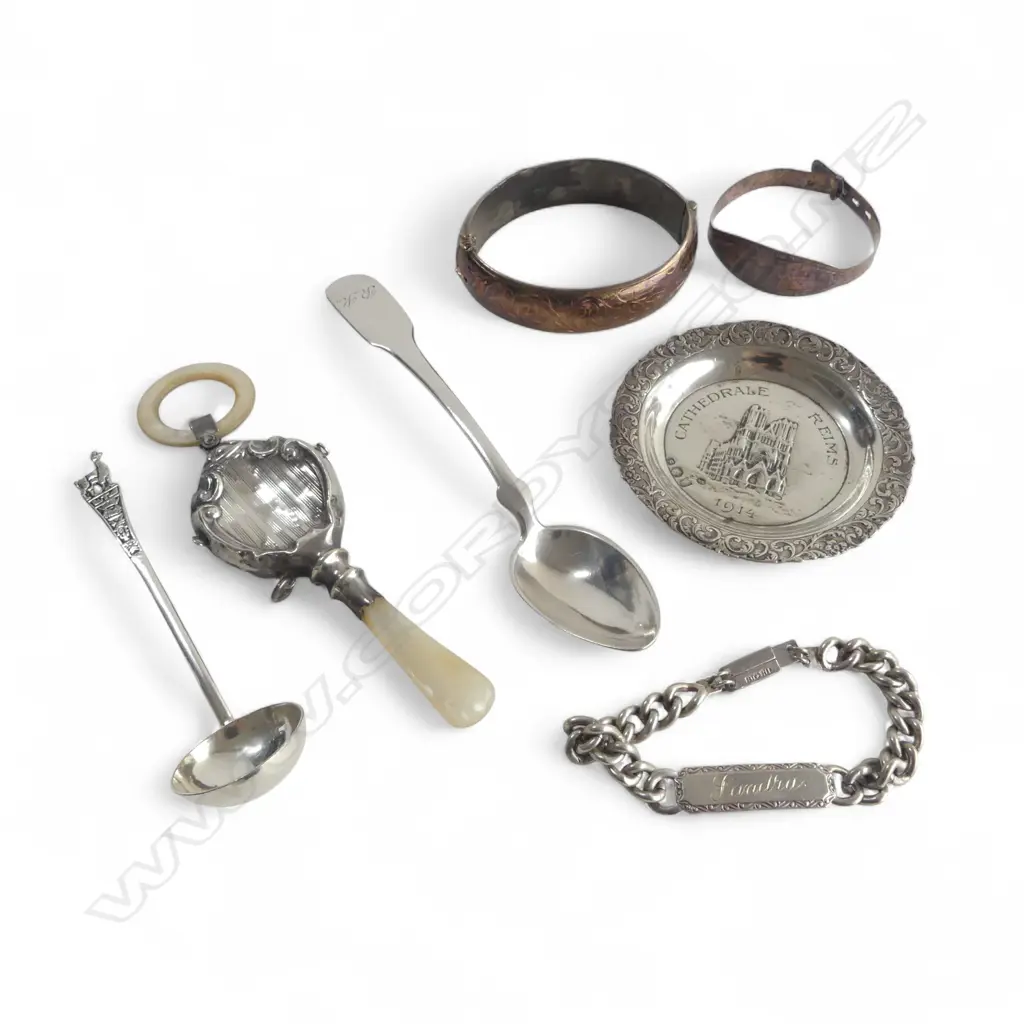 BAG OF SILVER PCES: dish + bangle (dented) + identity bracelet + babies rattle + spoons...120+gms Image 1++