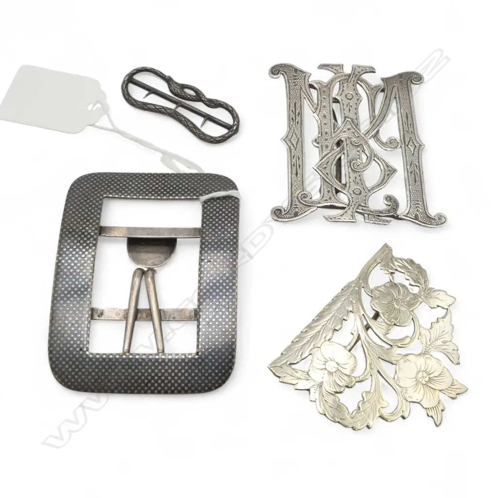 4 odd silver buckles: 1 half made into a brooch + 1 niello etc. 77gms. Image 1++