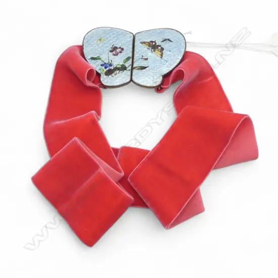 Vintage enamelled butterfly buckle blue on pink velvet belt