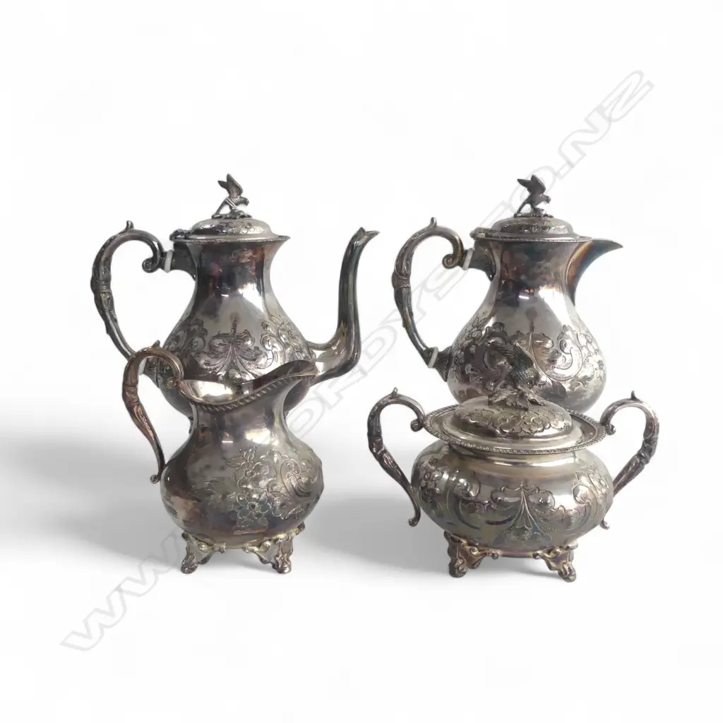 VICTORIAN SILVER PLATE 4 PCE TEA & COFFEE SERVICE bird finials Image 1++
