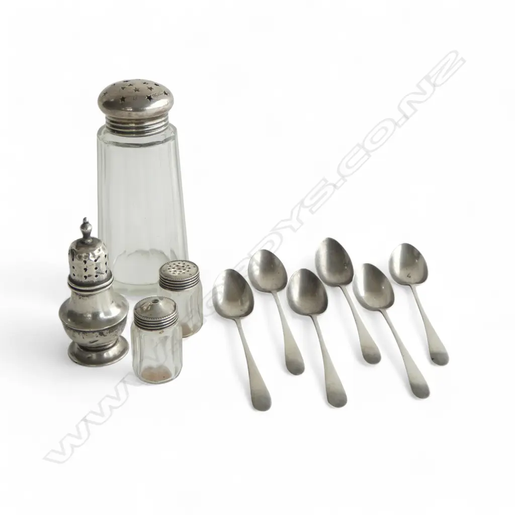 10 PCES STG SILVER; 6 TEASPOONS, SHEFFIELD 1916, + CONDIMENT 70gms + 3 CONTAINERS H.115mm Image 1++