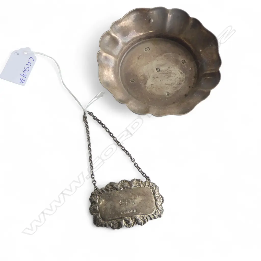 STG SILVER DISH, SHEFFIELD 1977 110mm dia + GIN DECANTER LABEL 99gms Image 1++