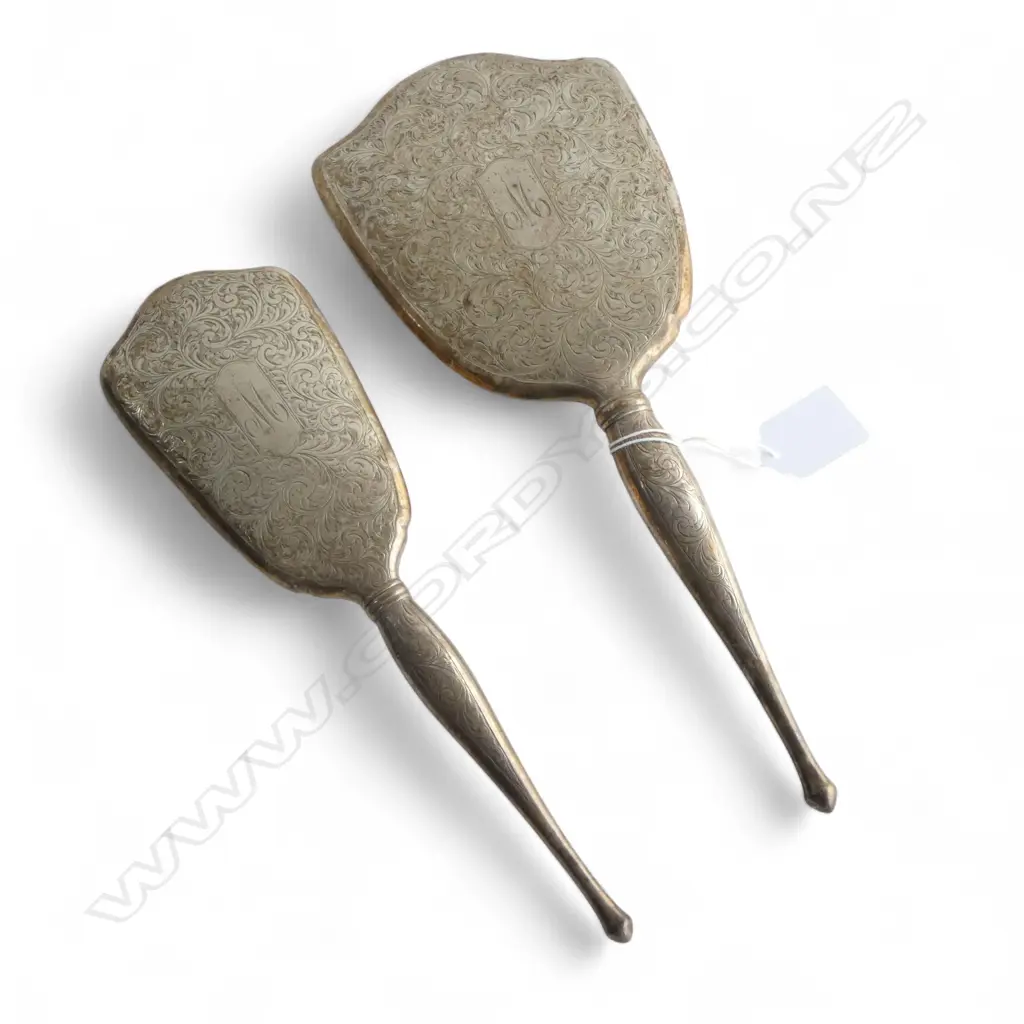 STG SILVER HAND MIRROR & HAIR BRUSH; FAULTS TO MIRROR AND BRISTLES Image 1++