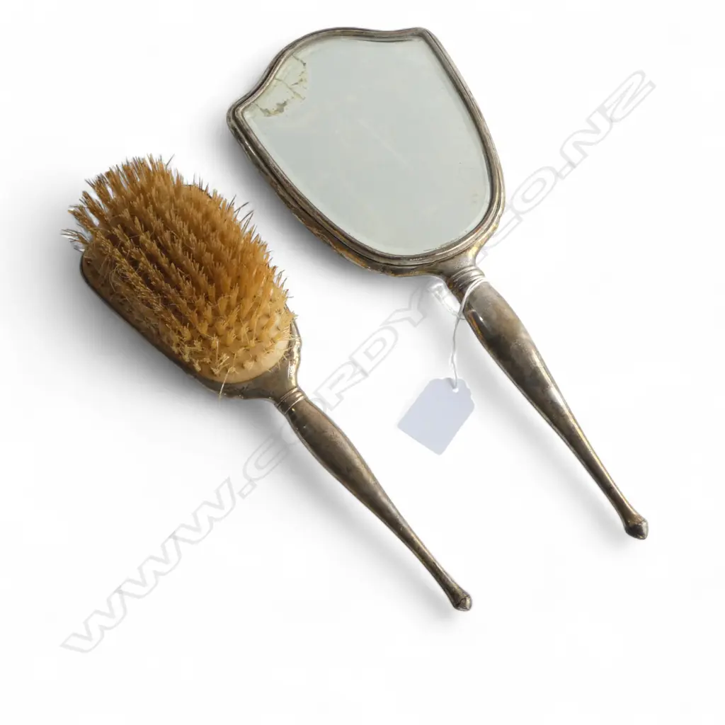 STG SILVER HAND MIRROR & HAIR BRUSH; FAULTS TO MIRROR AND BRISTLES Image 1++
