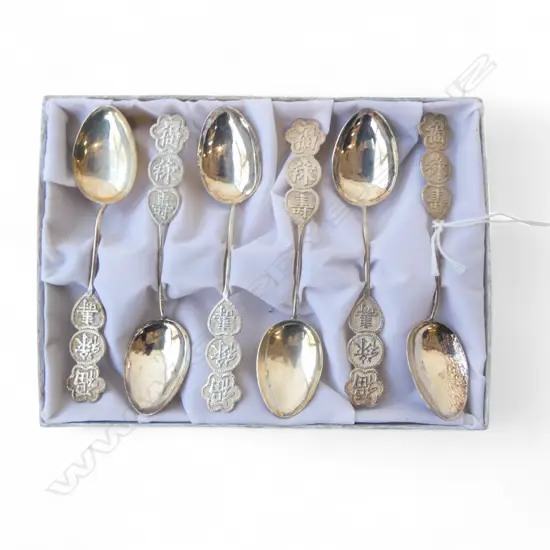 SET 6 VINTAGE STG SILVER CHINESE TEASPOONS boxed