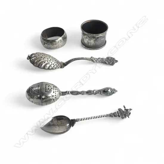 ASST SILVER PIECES: 2 TEA STRAINERS + 2 NAPKIN RINGS + SPOON