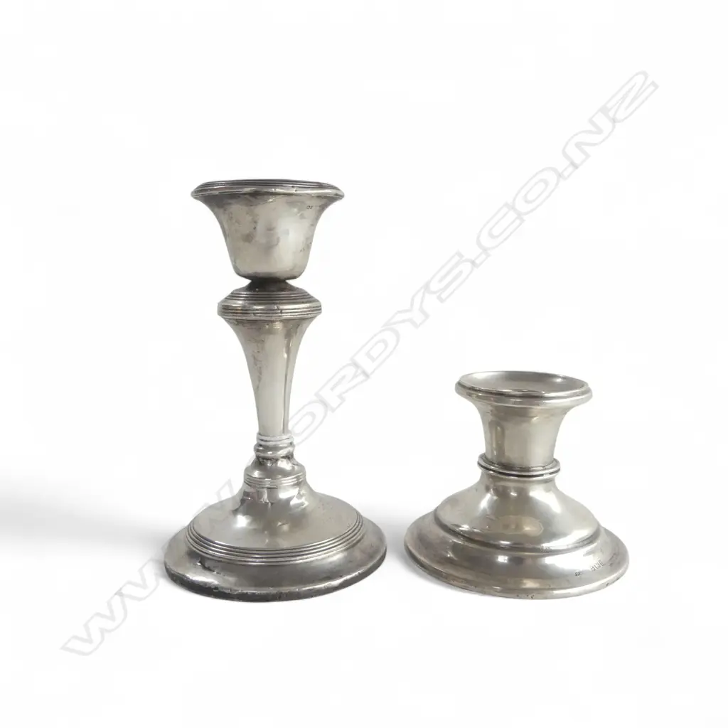 2 STG SILVER CANDLESTICKS, H.120, 60mm both weighted Faults to base Image 1++
