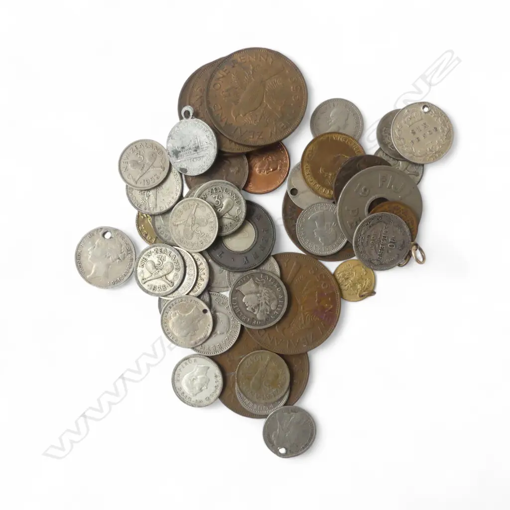 BAG OF OLD WORLD COINAGE: NZ + UK ETC some drilled Image 1++