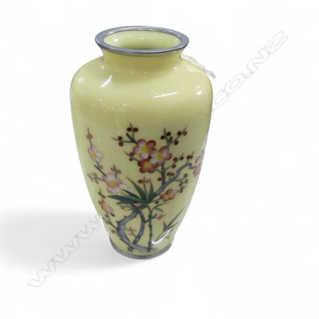 JAPANESE CLOISONNE VASE IN THE STYLE OF ANDO JUBEI H.180mm with stamped silver plate rims Image 1++