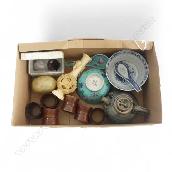 SMALL BOX CHINESE COLLECTABLES BOWLS STONE EGGS ETC