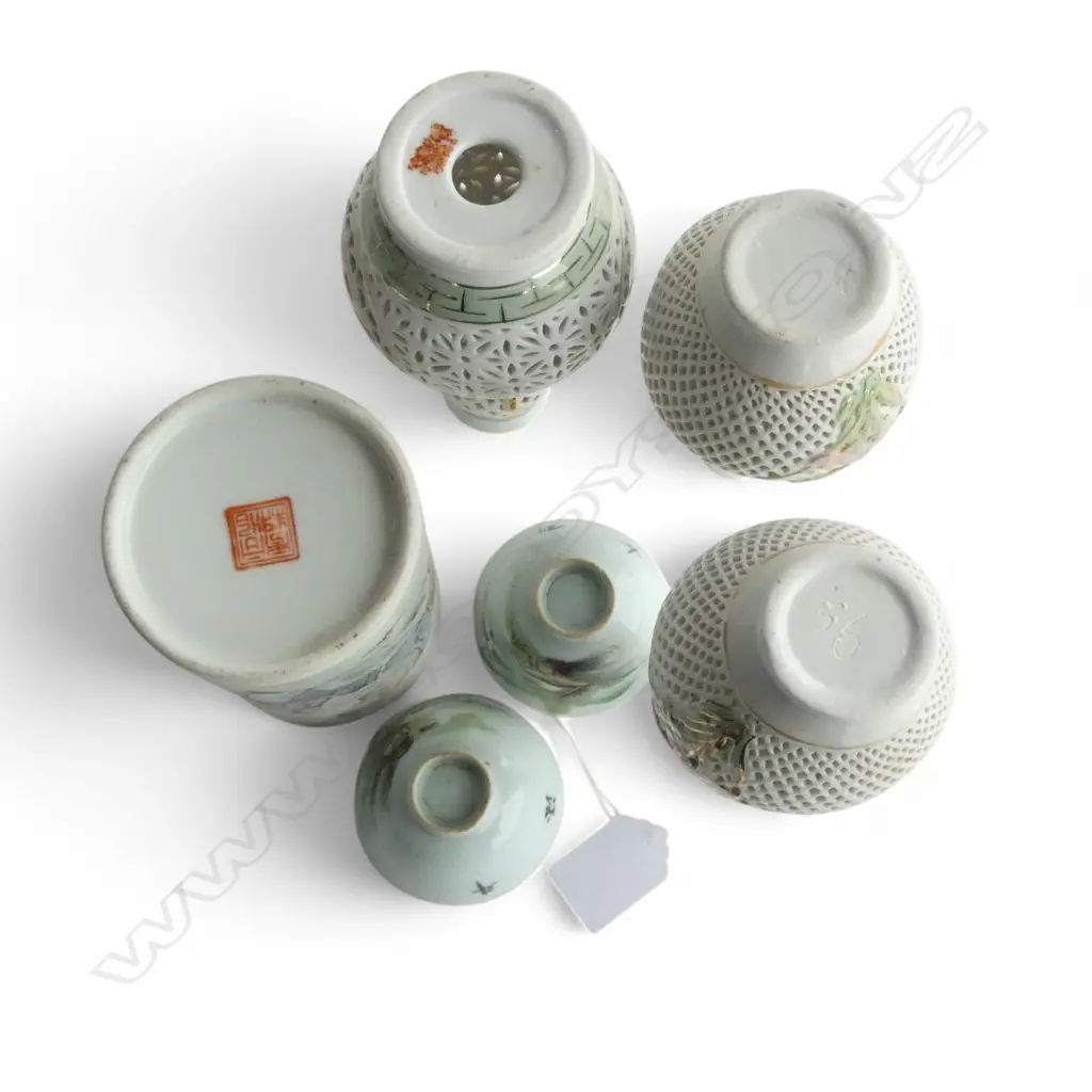 6 PCS CHINESE PORCELAIN; 3 LACE VASES on stands, H.160mm, BRUSH POT, H.115mm & 2 SML CUPS Image 1++