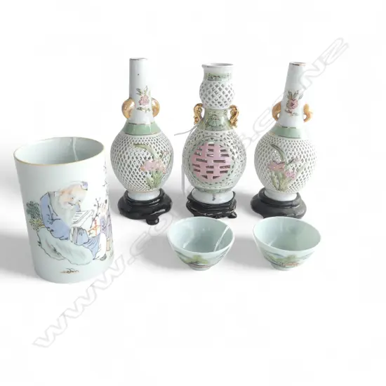 6 PCS CHINESE PORCELAIN; 3 LACE VASES on stands, H.160mm, BRUSH POT, H.115mm & 2 SML CUPS