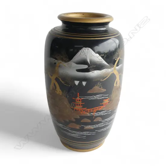 VINTAGE JAPANESE POTTERY BLACK GLAZED VASE Mt Fuji extensive landscape. Gilt & silvered highlights H.305mm