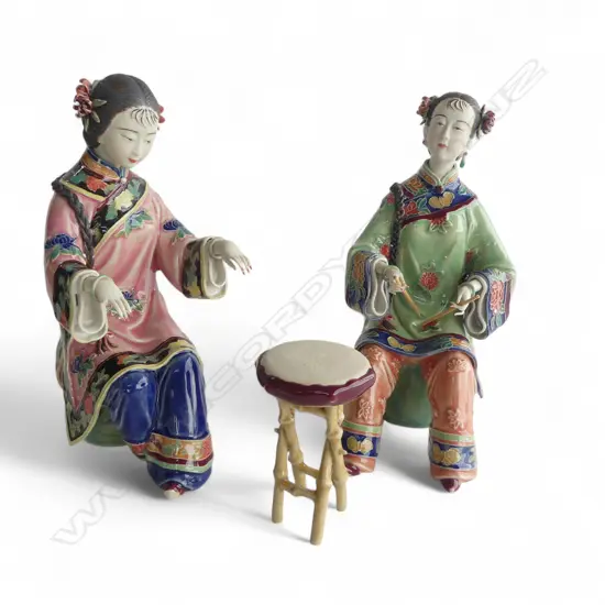 A PAIR OF CHINESE SHIWAN FIGURES (CALLIGRAPHER) AND ONE OTHER (MISSING FINGER AND POSSIBLY INCOMPLETE) 230 mm (H) BOXED