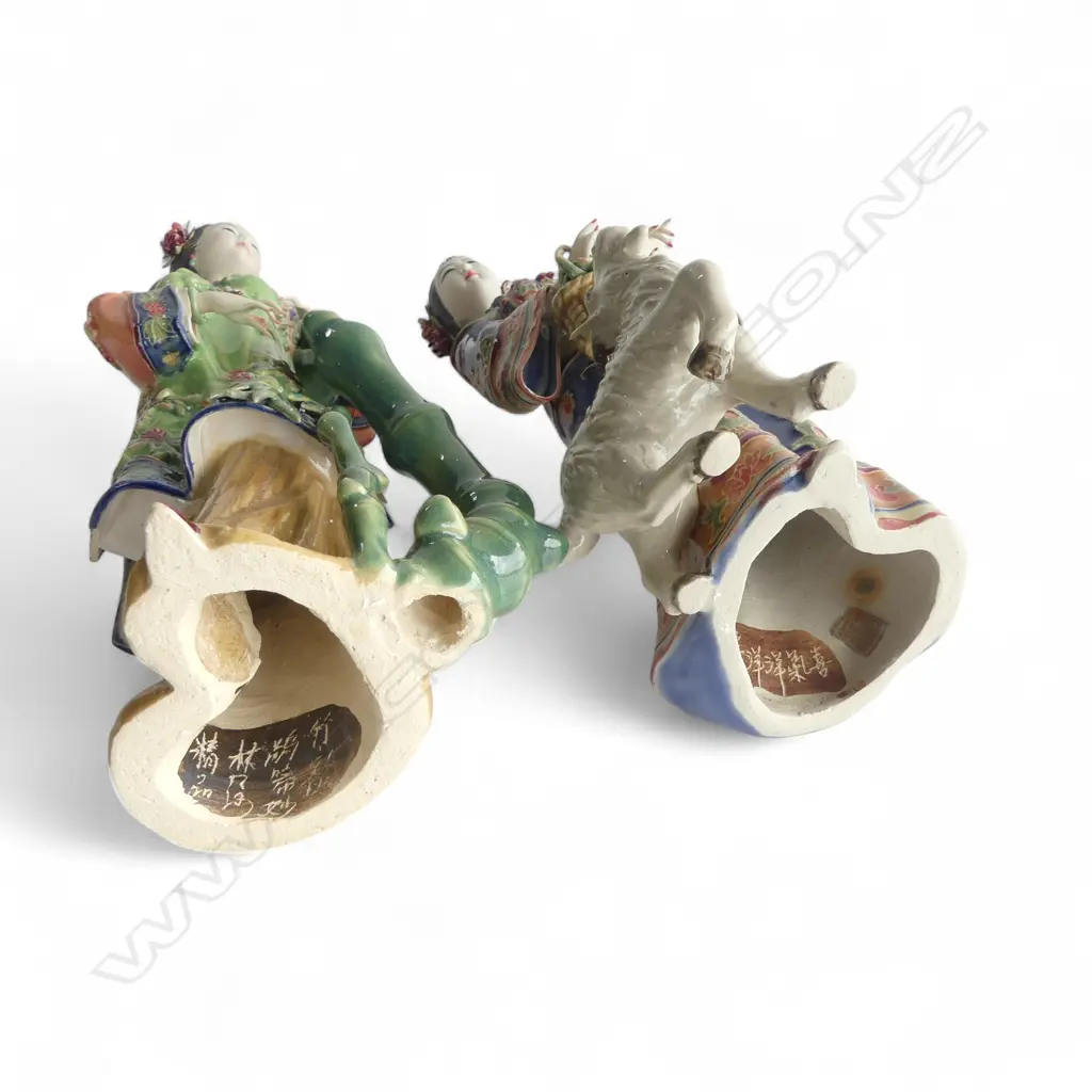 A PAIR OF CHINESE SHIWAN FIGURINES WOMEN WITH BAMBOO AND WOMAN WITH GOAT 300mm (H) both in presentation boxes Image 1++