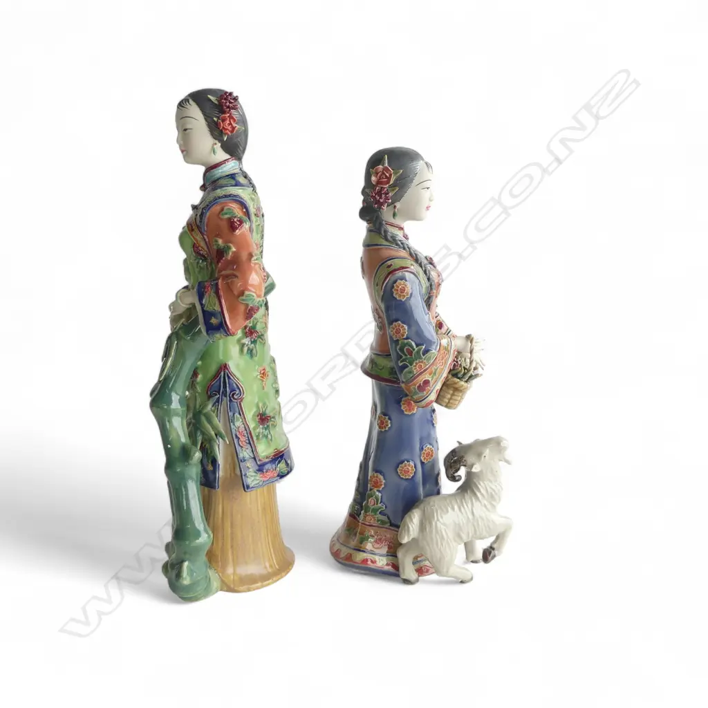 A PAIR OF CHINESE SHIWAN FIGURINES WOMEN WITH BAMBOO AND WOMAN WITH GOAT 300mm (H) both in presentation boxes Image 1++