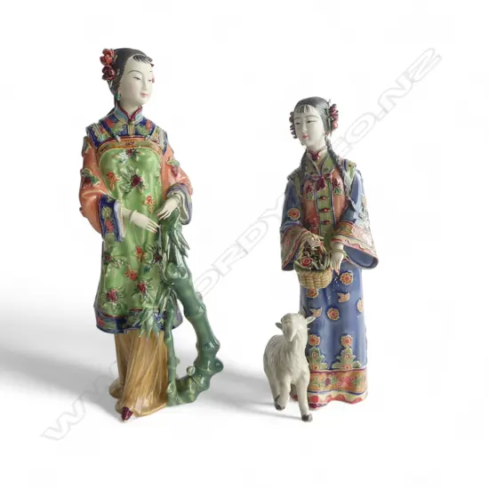 A PAIR OF CHINESE SHIWAN FIGURINES WOMEN WITH BAMBOO AND WOMAN WITH GOAT 300mm (H) both in presentation boxes