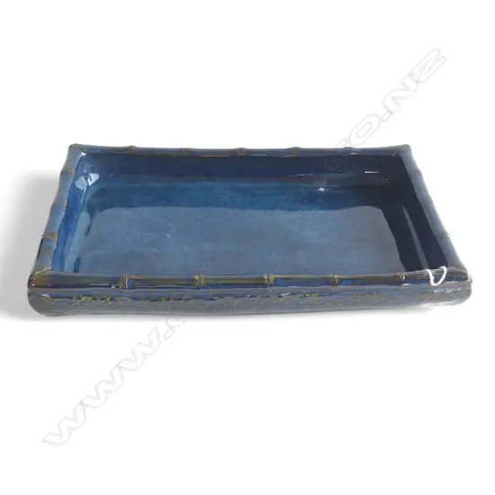 VINTAGE (1960'S) BLUE GLAZED SHIGARAKI POTTERY IKEBANA DISH bamboo shaped rim L.400mm 