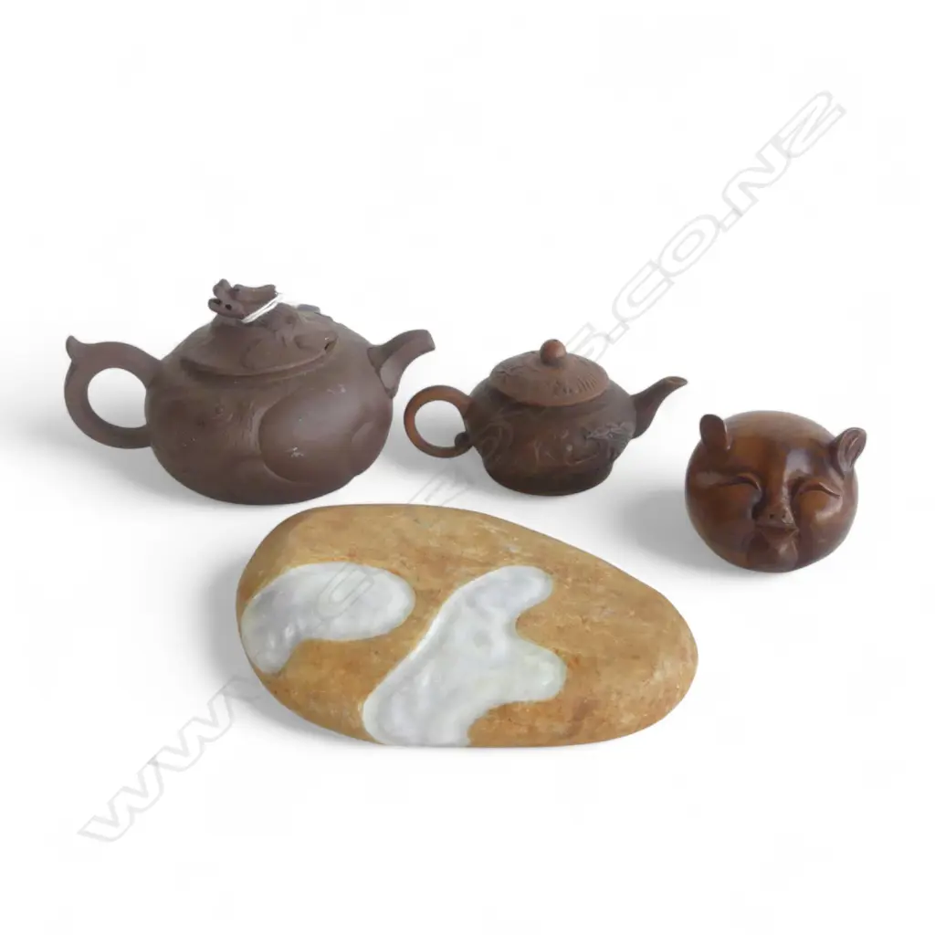 2 CHINESE YIXING WARE TEAPOTS (1 LID CHIPPED), CARVED WOODEN PIG HEAD, STONE L.160mm Image 1++