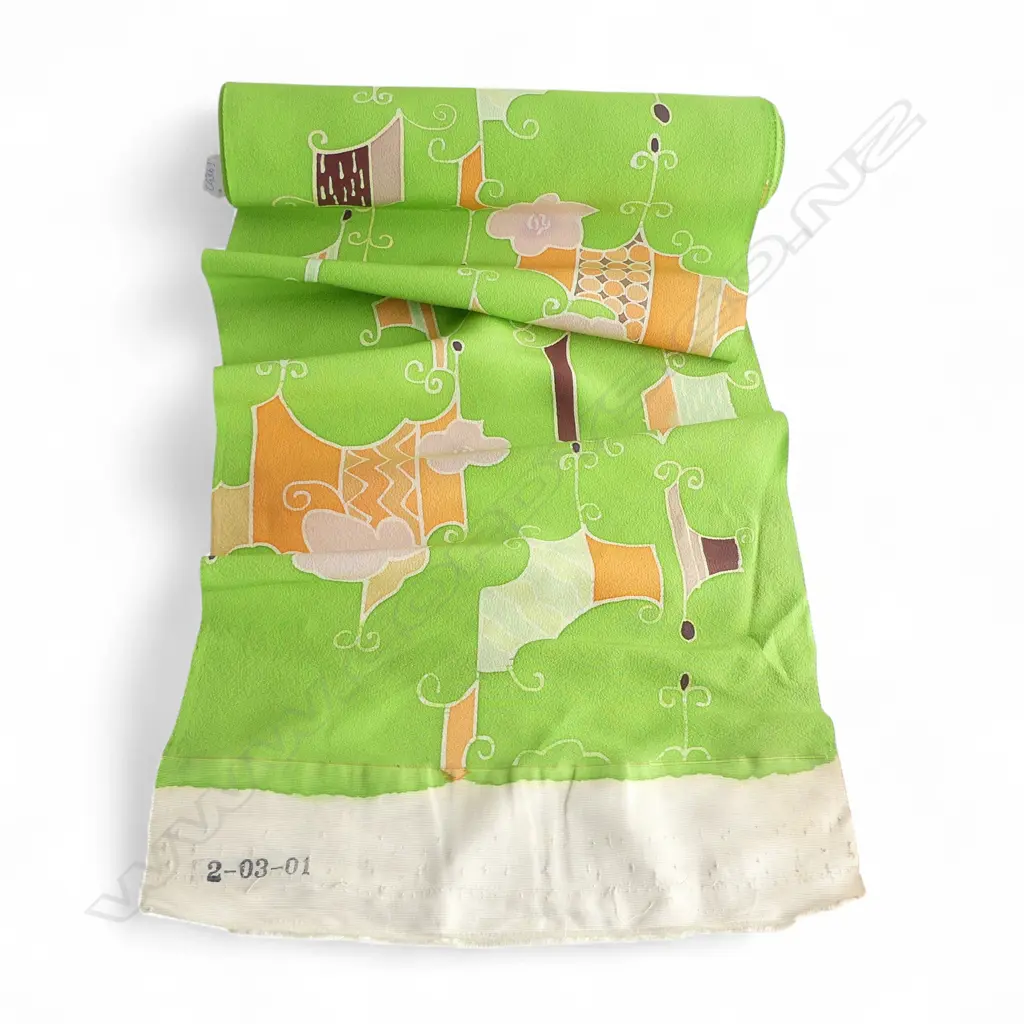 1980's NISHIJIN TEXTILE (Kyoto) JAPANESE ROLL OF PATTERNED SILK L.12m. W.360mm. New old stock green orange etc  pattern Image 1++