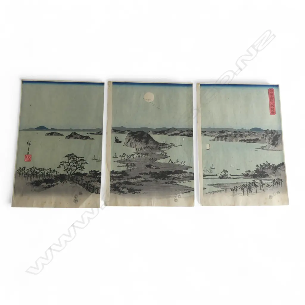UTAGAWA HIROSHIGE UKIYO-E TRIPTYCH, EVENING VIEW OF EIGHT FAMOUS SITES AT KANAZAWA, 385x255mm (panel) foxed & faded Image 1++