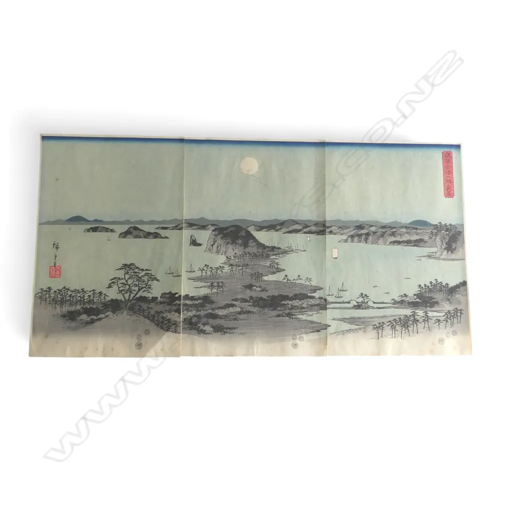 UTAGAWA HIROSHIGE UKIYO-E TRIPTYCH, EVENING VIEW OF EIGHT FAMOUS SITES AT KANAZAWA, 385x255mm (panel) foxed & faded Image 1++