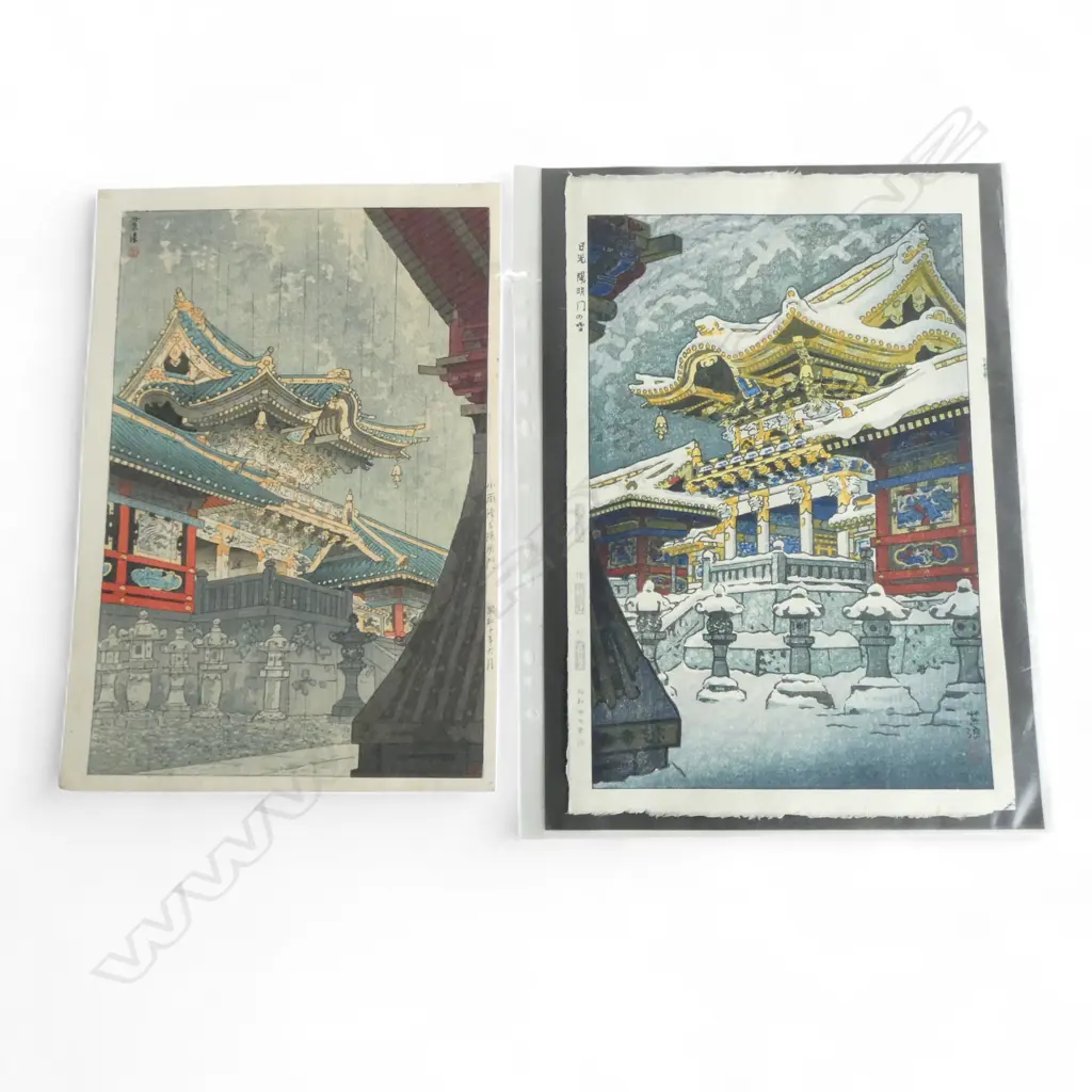 2 SHIN-HANGA UKIYO-E PRINTS; SHIRO KASAMATSU 'YOMEI GATE IN SNOW' 1952 + 'YOMEI GATE IN RAIN' 1935 390x270mm Image 1++
